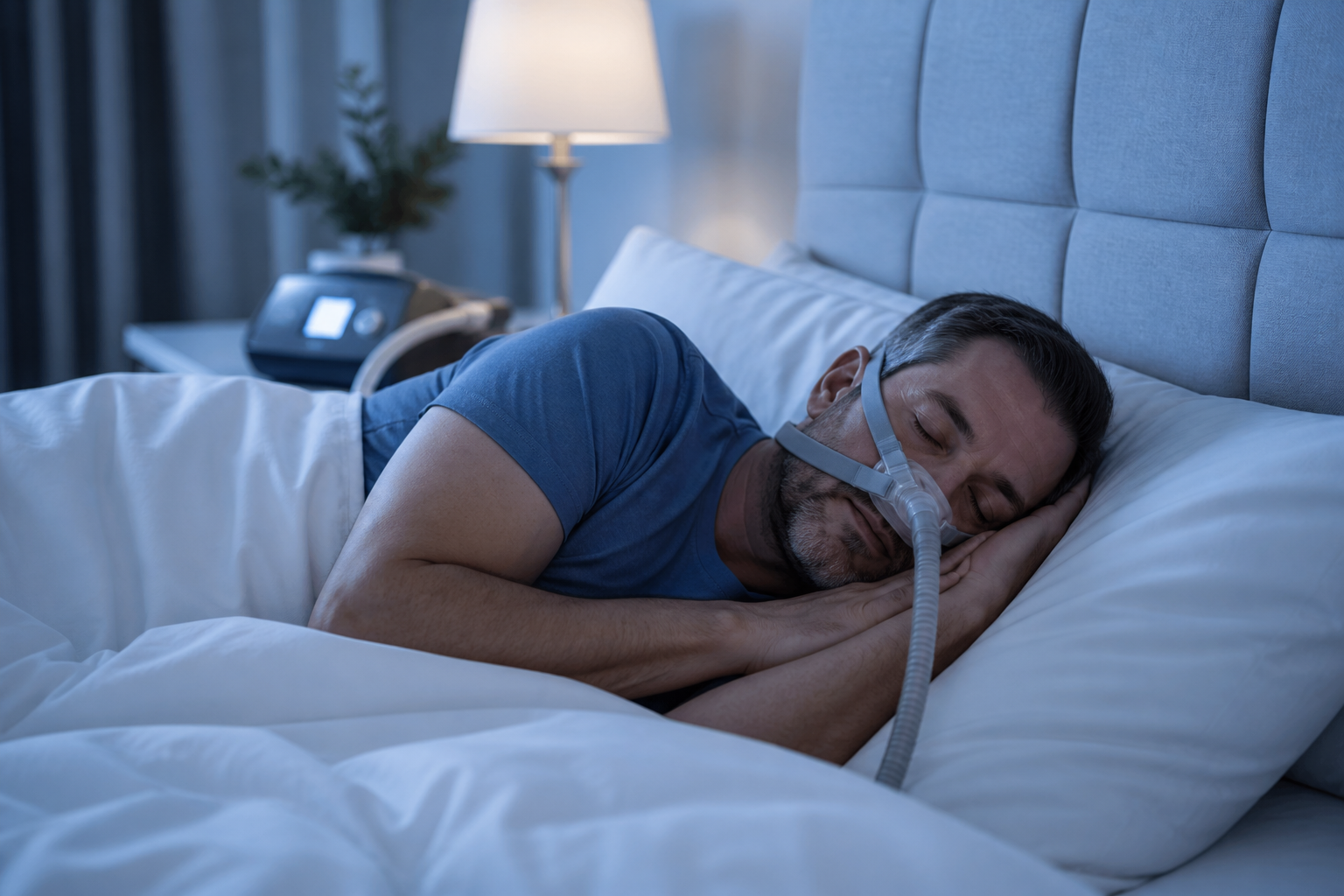 Paciente em tratamento com CPAP — medicina do sono e cuidado respiratório